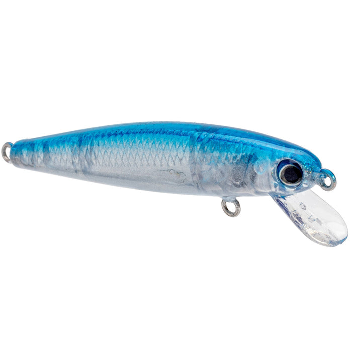 Strike King Bitsy Jerkbait fishing lure with a translucent blue top, silver scale pattern, and a clear plastic lip for realistic swimming action in water.