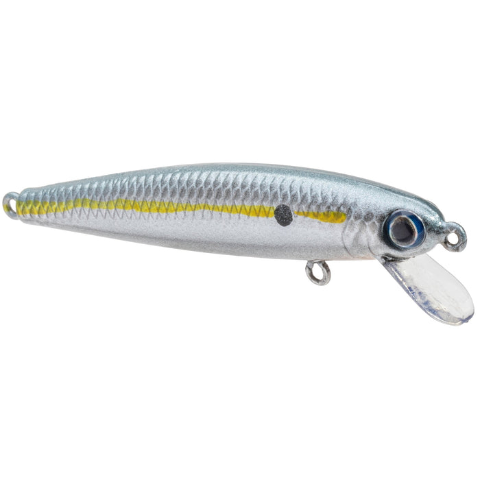Silver and yellow fishing lure with textured body, large realistic eye, and clear plastic diving lip, designed for use as Strike King Bitsy Jerkbait in fishing tackle.