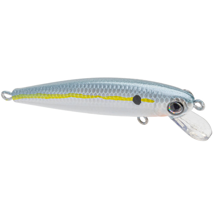 Strike King Bitsy Jerkbait fishing lure with a silver and blue scaled body, a yellow stripe along the side, and clear plastic lip for realistic movement in water.