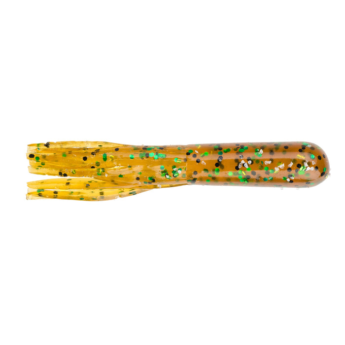 Strike King Bitsy Tube fishing lure in translucent amber with green, black, and silver flecks, designed for effective fishing tackle use.