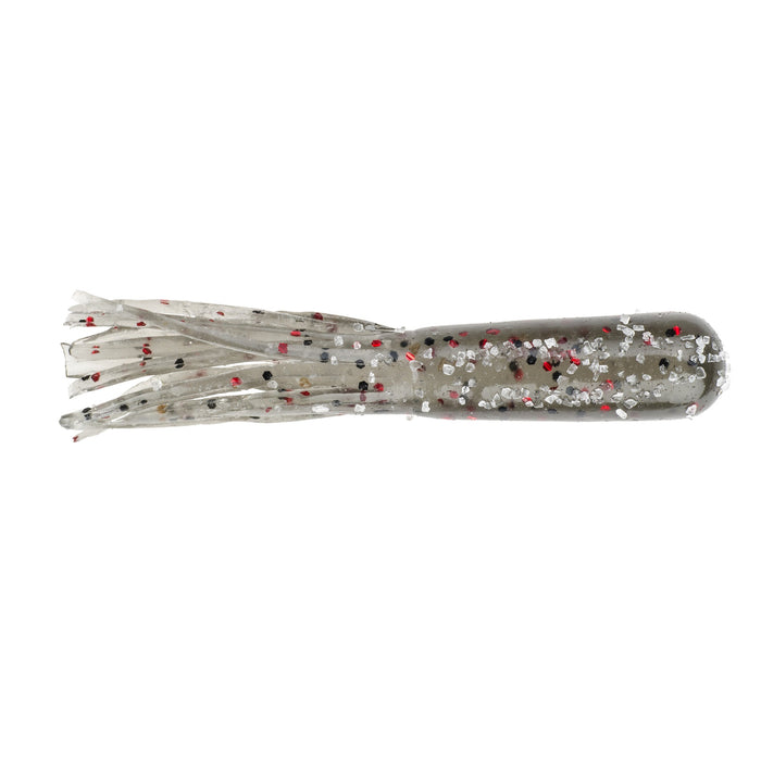 Clear soft plastic fishing lure with red, black, and silver glitter flecks designed as a Strike King Bitsy Tube, suitable for fishing tackle and lure setups.