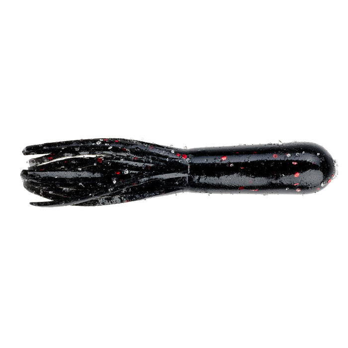 Strike King Bitsy Tube fishing lure in black with red flecks, designed with multiple soft appendages for lifelike movement in water to attract fish.