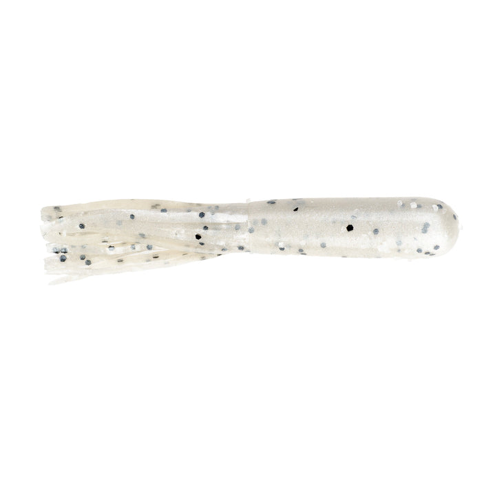 Strike King Bitsy Tube fishing lure in a translucent pearl color with black specks, designed for use as fishing tackle in freshwater angling.