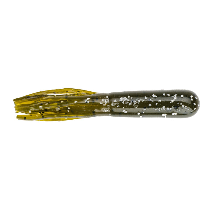 Strike King Bitsy Tube fishing lure in olive green with black specks and translucent glitter, designed for use as fishing tackle for attracting fish.