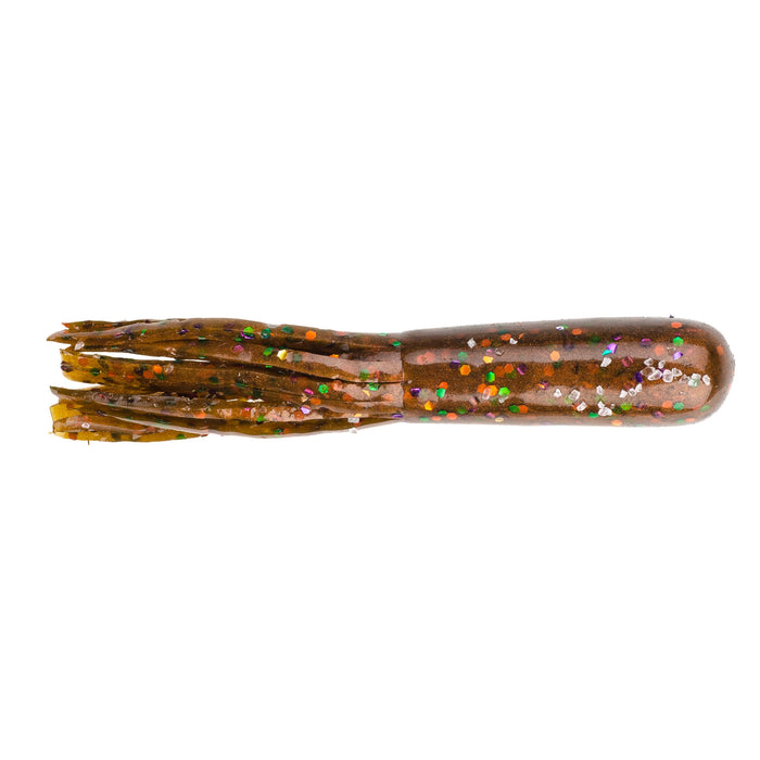 Strike King Bitsy Tube fishing lure in brown with multicolored reflective flakes, designed for freshwater fishing tackle targeting musky and other species.