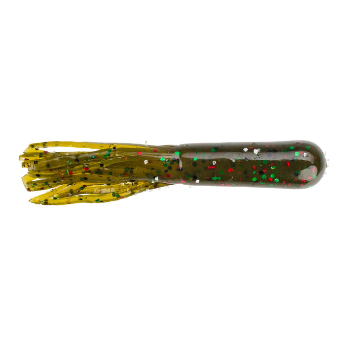 Soft plastic fishing lure in green and yellow with red and green glitter flakes designed as a Strike King Bitsy Tube for use with fishing tackle.