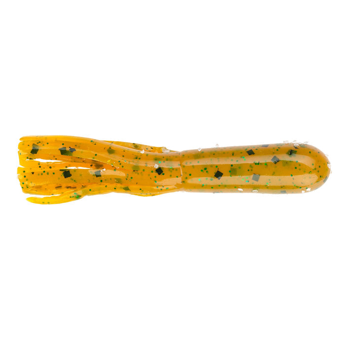 Strike King Bitsy Tube soft plastic fishing lure in translucent orange with green and silver glitter, designed for fishing tackle targeting muskies and other species.