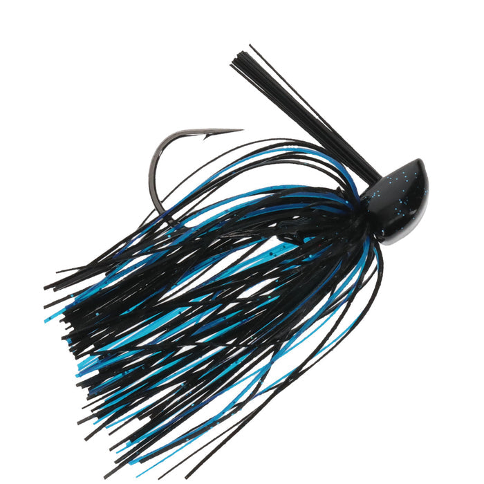 Strike King Compact Tungsten Casting Jig featuring a black and blue skirted fishing lure with a sturdy hook and weed guard, designed for effective fishing tackle use.