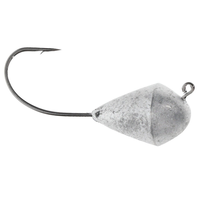 Close-up of a Strike King Crackin’ Tube Jig Head featuring a sharp fishing hook attached to a weighted, metallic, cone-shaped head designed for fishing tackle use.