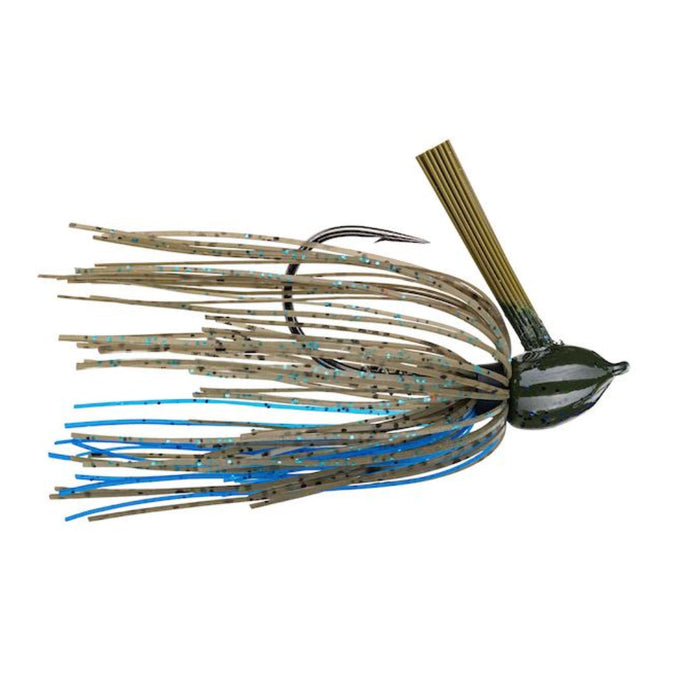 Strike King Hack Attack Fluoro Flipping Jig with brown and blue skirt strands, a weighted green head, and a sharp curved hook designed for fishing tackle and musky fishing.