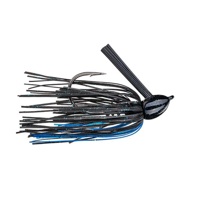 Strike King Hack Attack Fluoro Flipping Jig in black and blue colors, designed with a sturdy hook and flexible skirt for effective fishing tackle use.