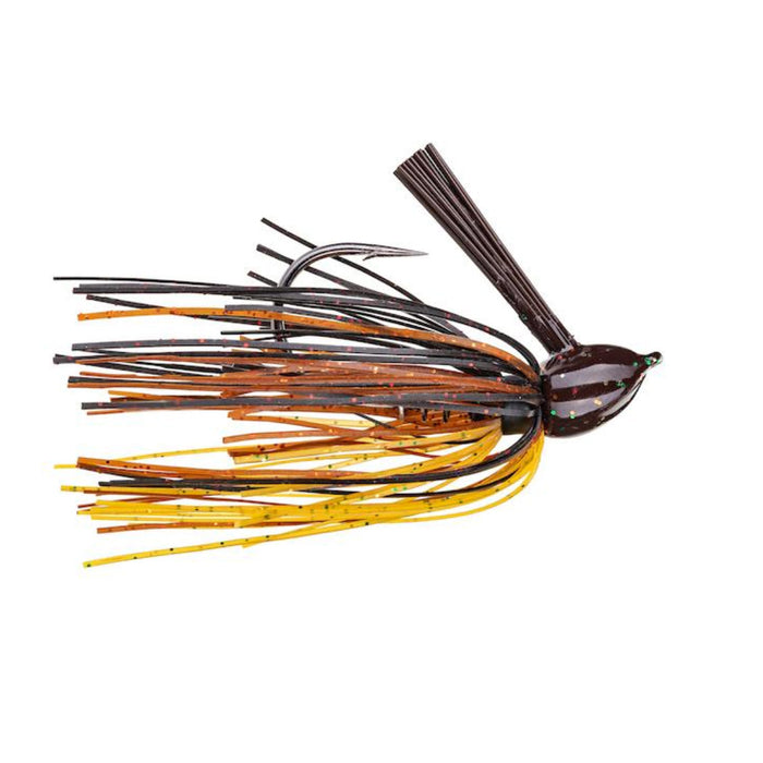 Strike King Hack Attack Fluoro Flipping Jig fishing lure with black and amber skirt and yellow accents, designed for effective freshwater fishing tackle applications.