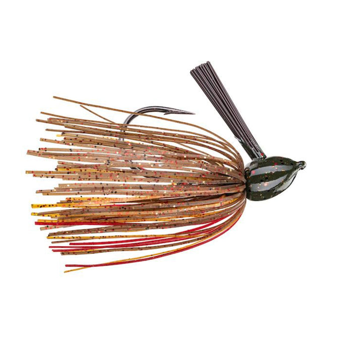 Strike King Hack Attack Fluoro Flipping Jig fishing lure featuring a multi-colored skirt with red, brown, and yellow strands and a single dark hook designed for freshwater fishing tackle.