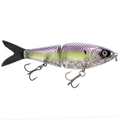 Strike King Hog Father Jr. multi-jointed fishing lure with purple and green scale pattern, clear body showing internal weights, and two treble hooks for musky fishing.