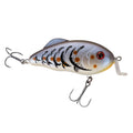 Strike King Hybrid Hunter Shallow Crankbait fishing lure with blue, white, and orange pattern, detailed scale design, red eye, and two treble hooks for freshwater fishing.