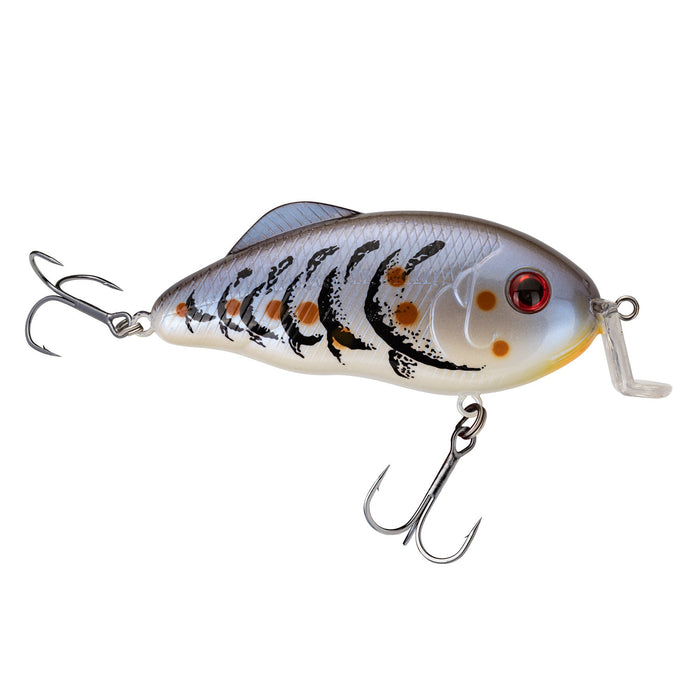 Strike King Hybrid Hunter Shallow Crankbait fishing lure with blue, white, and orange pattern, detailed scale design, red eye, and two treble hooks for freshwater fishing.