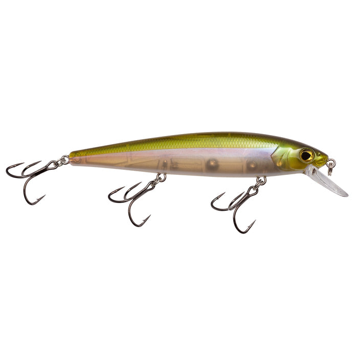 Strike King KVD Elite 300 Jerkbait fishing lure in green and yellow with three sharp treble hooks and a clear plastic diving lip for realistic movement in water.
