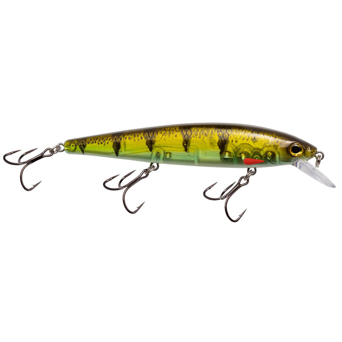 Strike King KVD Elite 300 Jerkbait fishing lure in a green and yellow perch pattern with three sharp treble hooks and a clear diving lip for realistic underwater action.