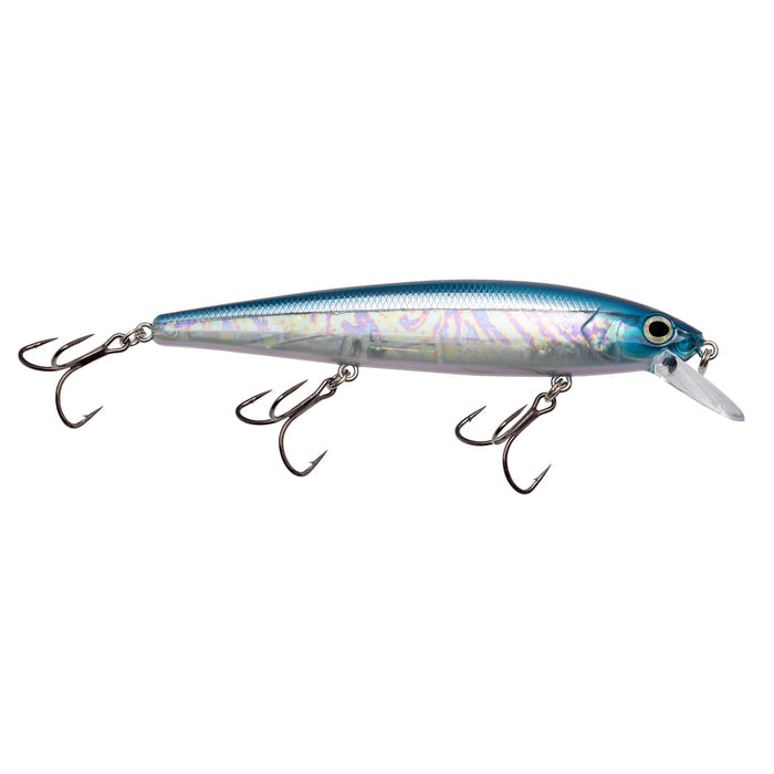 Strike King KVD Elite 300 Jerkbait fishing lure with a blue and silver reflective body, featuring three sharp treble hooks and a clear plastic diving lip.