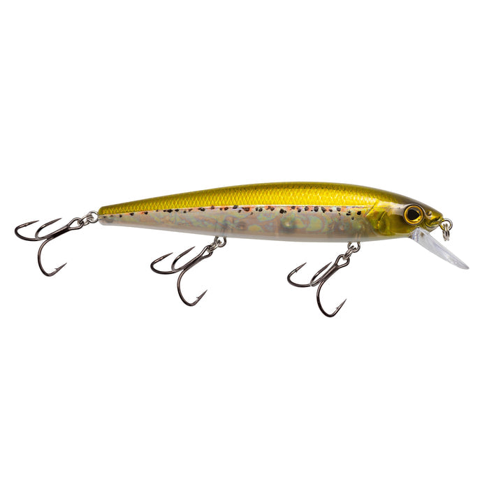 Strike King KVD Elite 300 Jerkbait fishing lure with a yellow and silver body, detailed scale pattern, and three sharp treble hooks designed for effective fishing tackle use.
