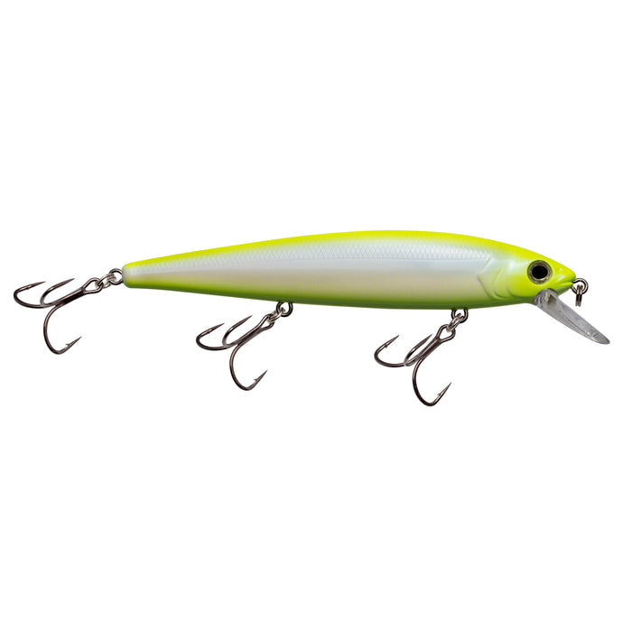 Strike King KVD Elite 300 Jerkbait fishing lure in yellow and white with three sharp treble hooks and a clear diving lip, designed for effective fishing tackle use.