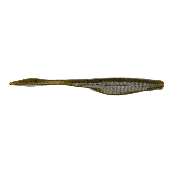 Soft plastic fishing lure in green pumpkin color with black specks, shown horizontally, designed as the Strike King KVD Perfect Plastics 5" Caffeine Shad for fishing tackle.