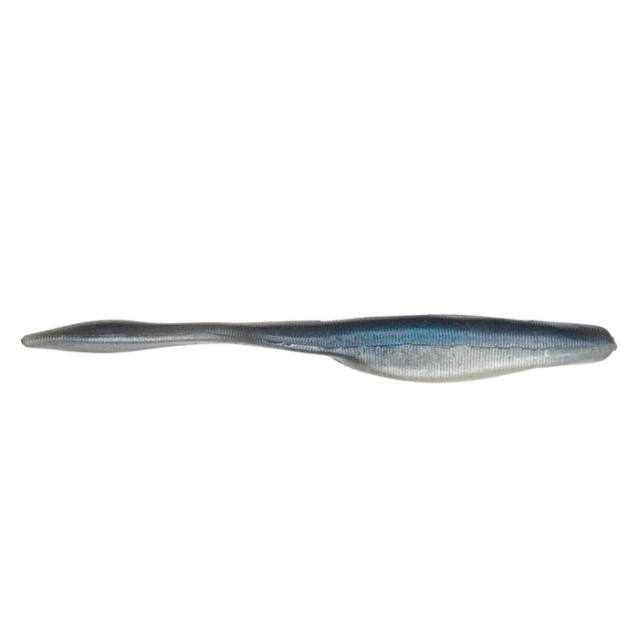 Soft plastic fishing lure in blue and pearl shades, shaped like a shad bait, designed for fishing tackle use, identified as Strike King KVD Perfect Plastics 5" Caffeine Shad.
