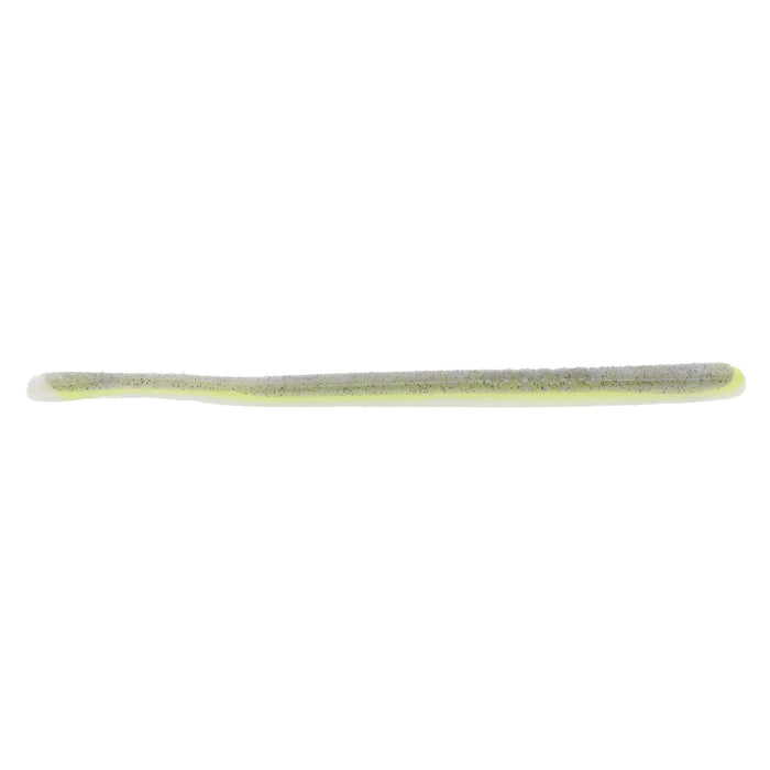 Soft, slender fishing lure with a translucent yellow and gray body, designed for use as the Strike King KVD Perfect Plastics Filler Worm 6" fishing tackle.