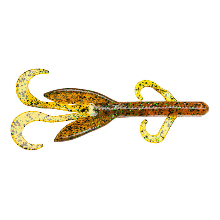 Strike King KVD Perfect Plastics Game Hawg is a soft plastic fishing lure with multiple curly tails and appendages in a translucent yellow and brown speckled pattern, designed for musky fishing.