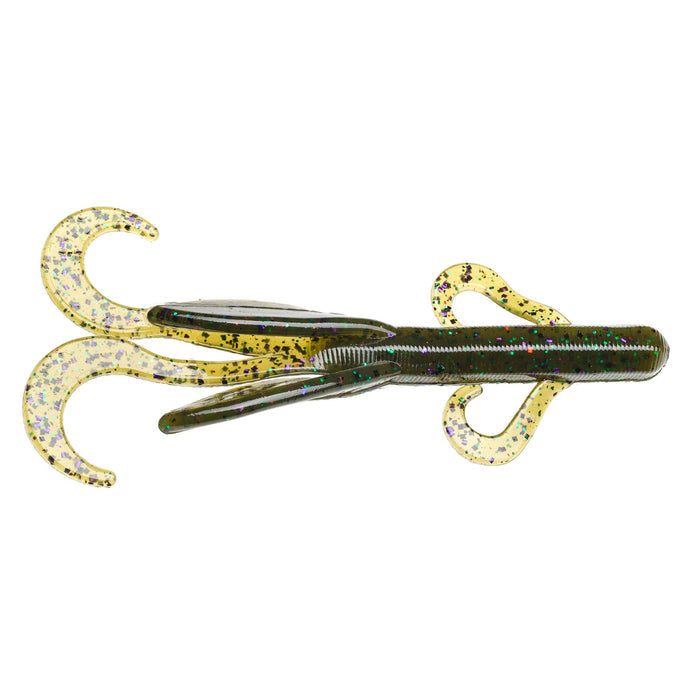 Strike King KVD Perfect Plastics Game Hawg fishing lure in green and yellow with glitter, designed for musky and freshwater fishing tackle enthusiasts.