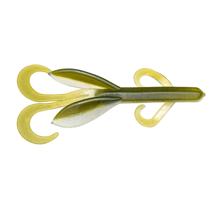 Strike King KVD Perfect Plastics Game Hawg fishing lure in green and yellow with multiple curly tail appendages designed for lifelike movement in fishing tackle.