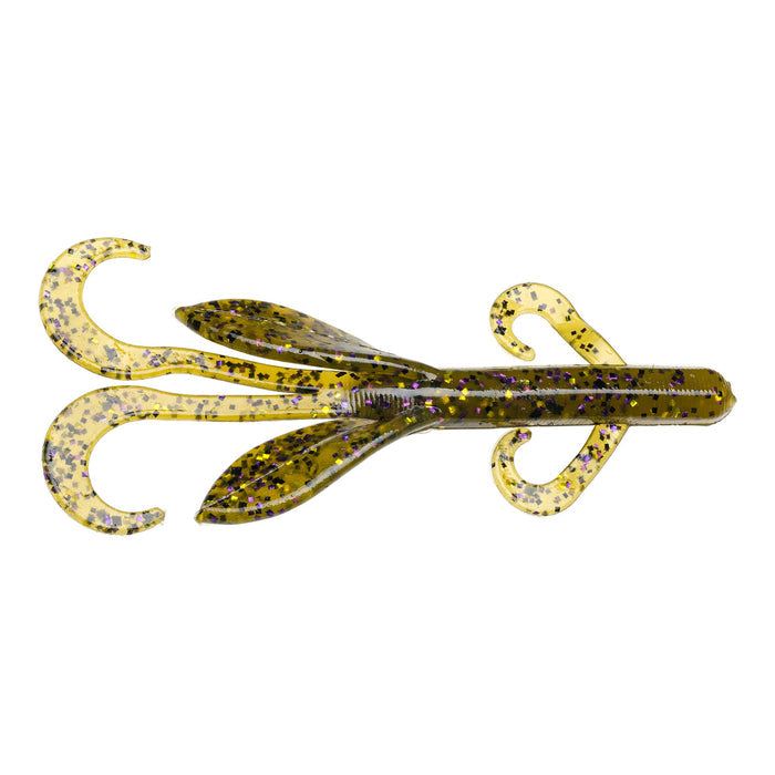 Strike King KVD Perfect Plastics Game Hawg fishing lure in translucent green with purple and black flecks, designed for freshwater fishing tackle to attract musky and other species.