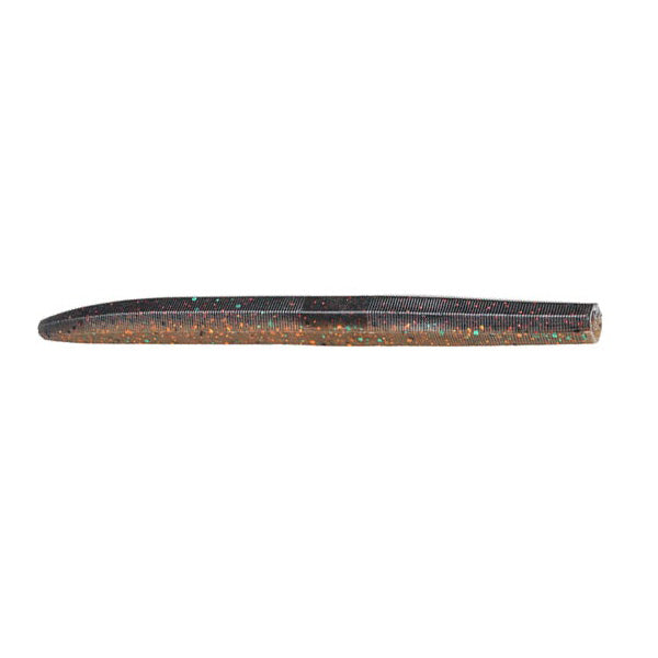 Strike King KVD Perfect Plastics Ocho 5" Stick Worm fishing lure in dark color with glitter, designed for musky and ice fishing tackle.
