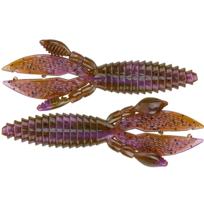 Two brown and purple segmented soft plastic fishing lures shaped like crustaceans, identified as Strike King KVD Perfect Plastics Rodent, designed for fishing tackle use.