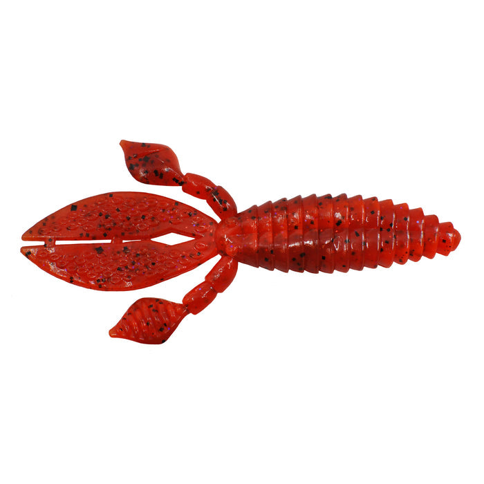 Red soft plastic fishing lure with segmented body and multiple appendages, designed for use with Strike King KVD Perfect Plastics Rodent in fishing tackle.