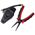 Strike King KVD Precision 7" Carbon Pliers with red and black textured handles, needle-nose design, and protective black sheath with coiled lanyard for fishing tackle use.