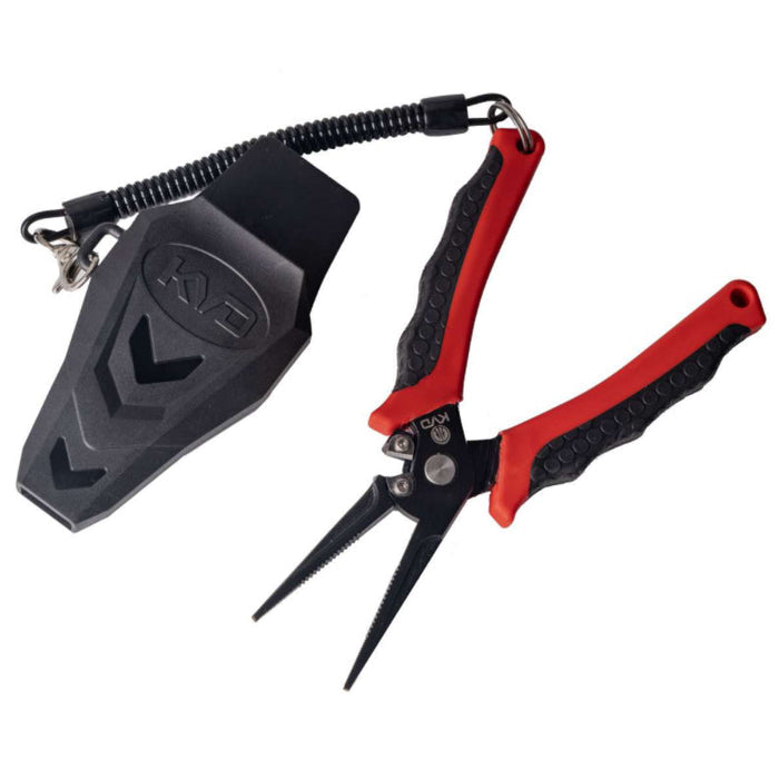 Strike King KVD Precision 7" Carbon Pliers with red and black textured handles, needle-nose design, and protective black sheath with coiled lanyard for fishing tackle use.