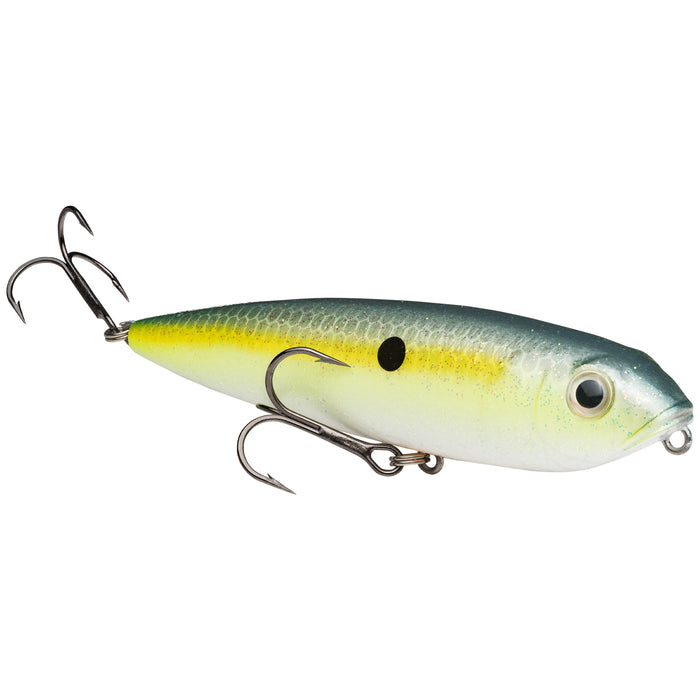 Strike King KVD Sexy Dawg Jr Topwater fishing lure in chartreuse and silver finish with detailed scale texture, equipped with two sharp treble hooks for effective fishing tackle.