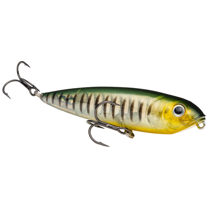 Strike King KVD Sexy Dawg Jr Topwater fishing lure with a green and yellow body, realistic fish pattern, and two treble hooks for effective topwater fishing.