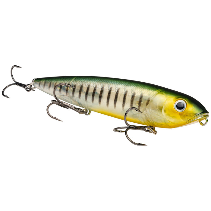 Strike King KVD Sexy Dawg Topwater fishing lure designed with a realistic green and yellow fish pattern and three sharp treble hooks for effective fishing tackle.