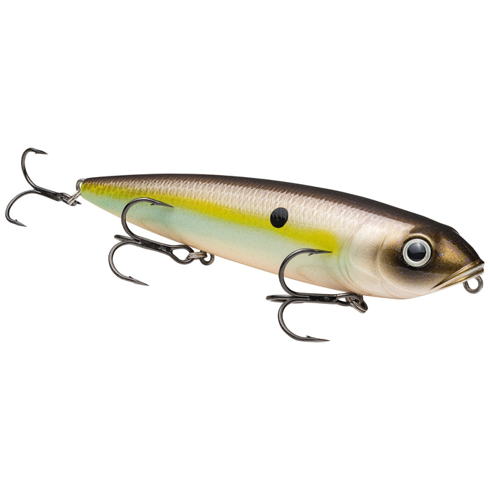 Strike King KVD Sexy Dawg Topwater fishing lure with realistic fish pattern featuring a brown back, yellow-green sides, large lifelike eye, and three sharp treble hooks for effective fishing tackle use.