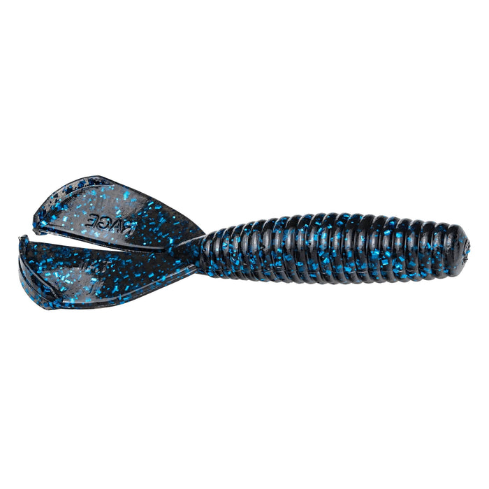 Strike King Magnum Rage Menace Grub soft fishing lure in black with blue speckles, featuring a ribbed body and split tail designed for lifelike movement in water.