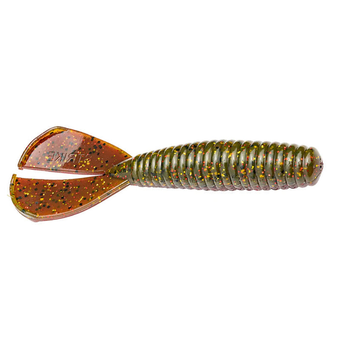 Strike King Magnum Rage Menace Grub fishing lure in greenish-brown with red and black speckles, featuring a segmented body and twin paddle tail for lifelike movement in water.