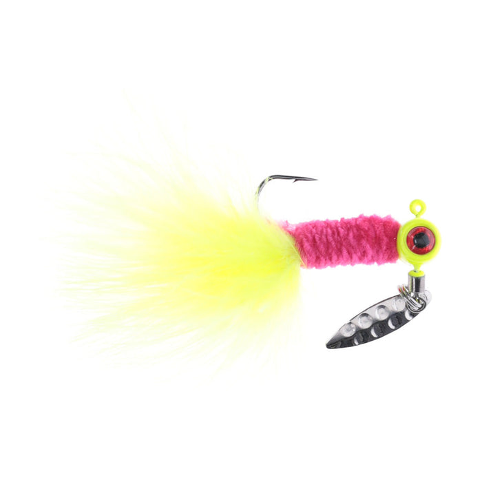 Strike King Mr. Crappie Maribou Sausage Spin fishing lure featuring a bright yellow marabou tail, pink textured body, sharp hook, and attached silver spinning blade for enhanced water movement.
