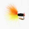 Strike King Mr. Crappie Maribou Sausage Spin fishing lure featuring vibrant orange and yellow marabou feathers, black body, red head, and a small spinning blade for effective fishing tackle.