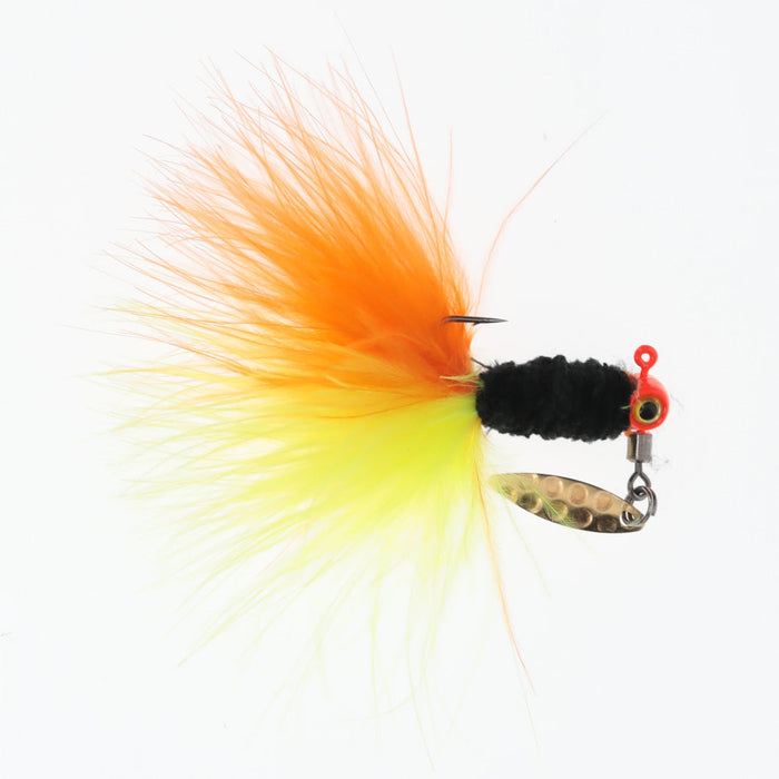 Strike King Mr. Crappie Maribou Sausage Spin fishing lure featuring vibrant orange and yellow marabou feathers, black body, red head, and a small spinning blade for effective fishing tackle.