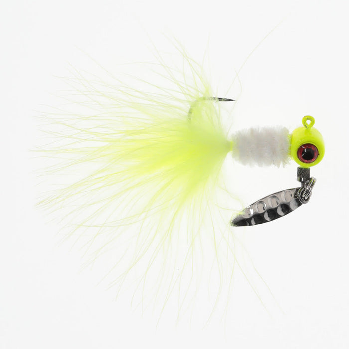 Strike King Mr. Crappie Maribou Sausage Spin fishing lure featuring a bright chartreuse marabou tail, white body, yellow jig head with red eye, and a small silver spinner blade for attracting fish.