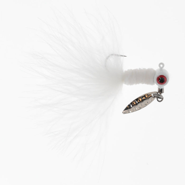 White fishing lure featuring soft maribou feathers, a detailed red and black eye, a metal spinner blade, and a sharp hook, designed as the Strike King Mr. Crappie Maribou Sausage Spin.