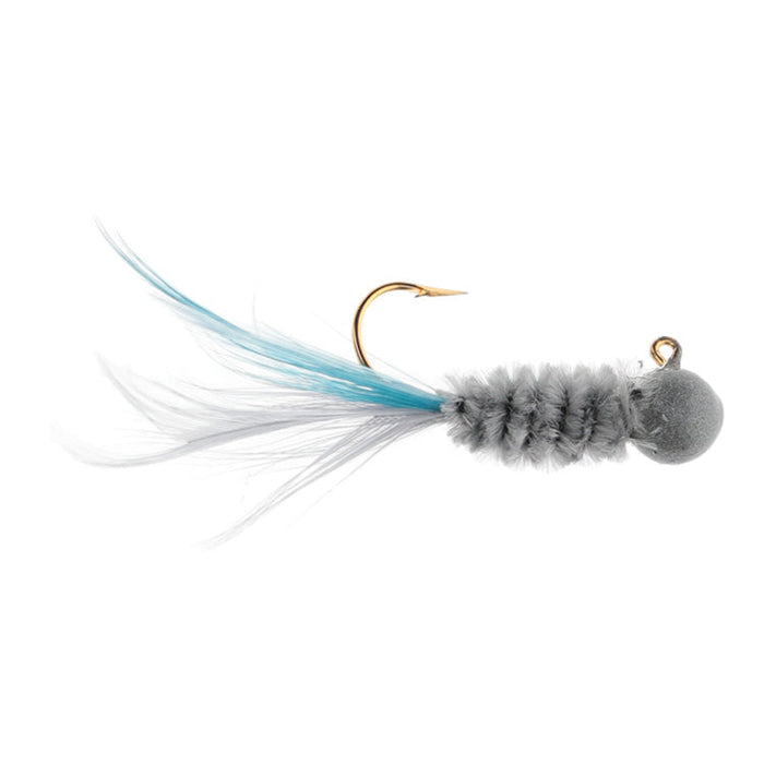 Strike King Mr. Crappie Slab Daddy Live Hair Jig featuring a gray fuzzy body, blue and white feather tail, and a sharp gold hook designed for fishing tackle enthusiasts.