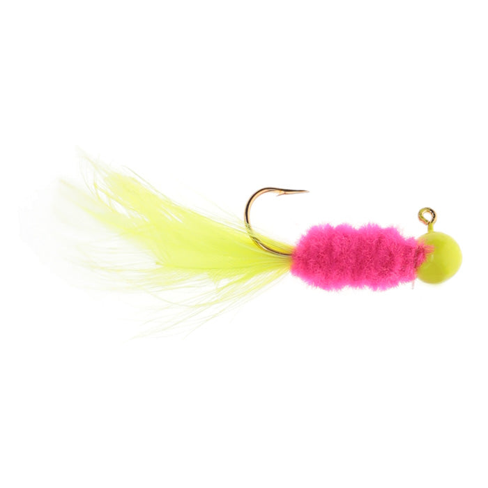 Strike King Mr. Crappie Slab Daddy Live Hair Jig featuring a bright yellow feather tail, vivid pink textured body, and a sharp curved hook for effective fishing tackle use.